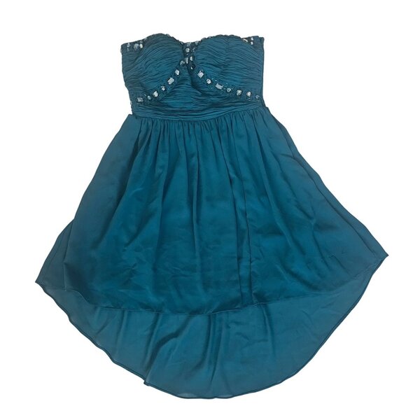 Women's Teal Chiffon Strapless Rhinestone Beaded Bodice High-Low Hem Dress Small - Picture 2 of 10